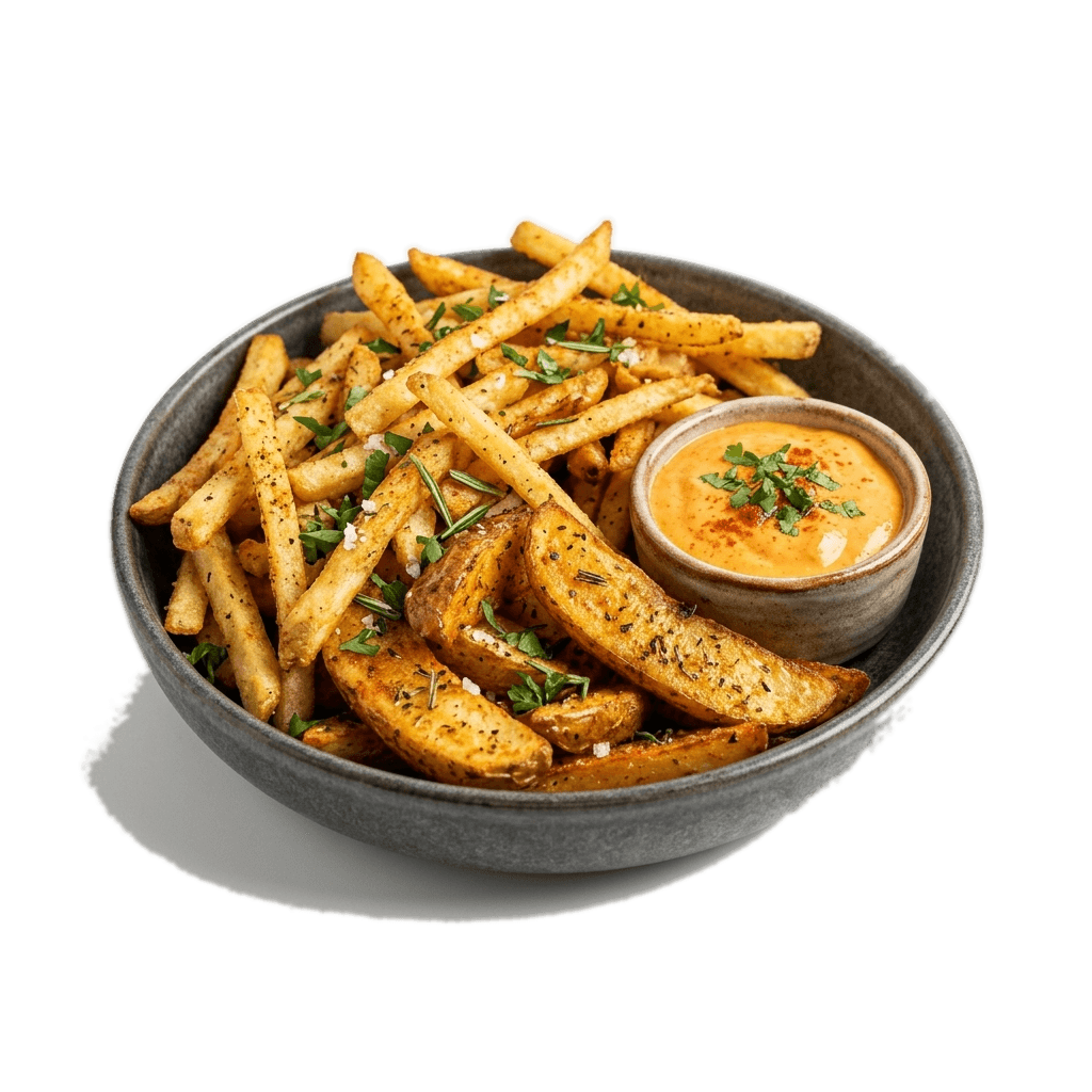 Gourmet bowl of crispy peri-peri french fries and potato wedges